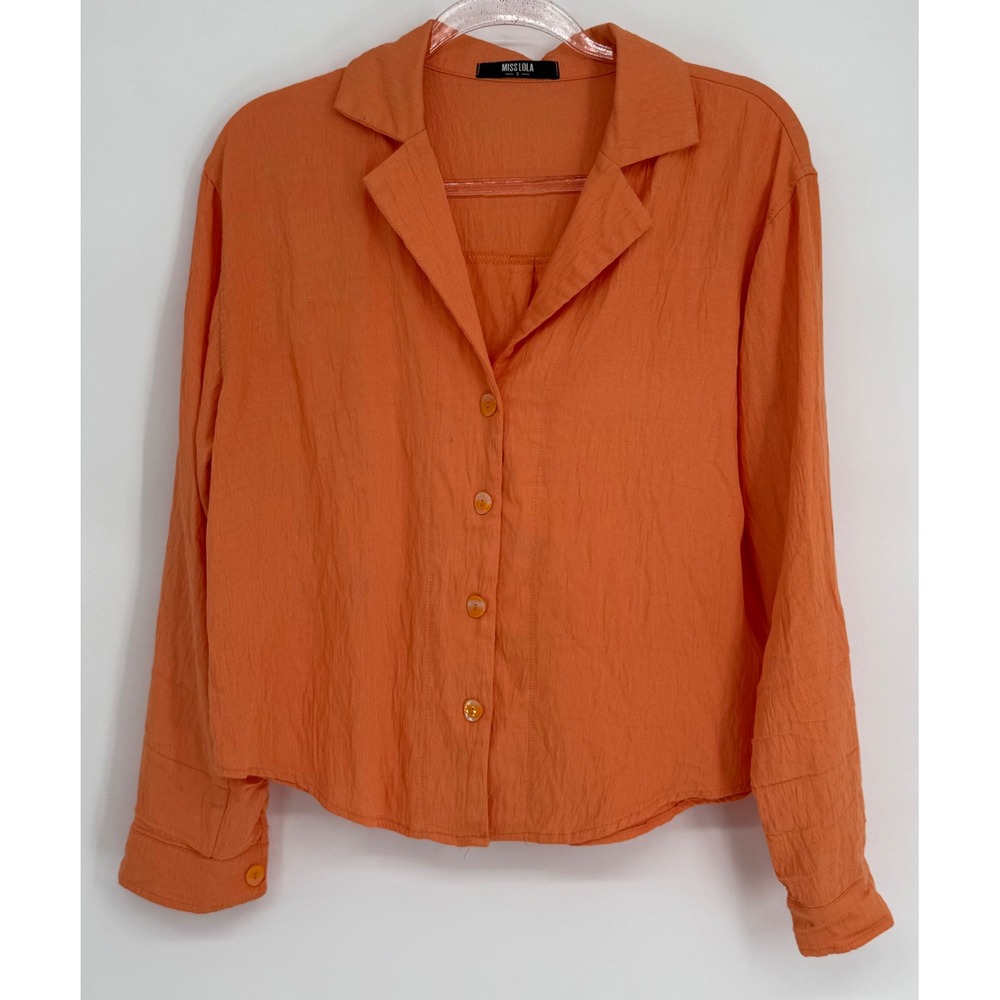 Miss Lola Womens Orange Button Down Shirt Long Sleeve Notched Lapel Sz S